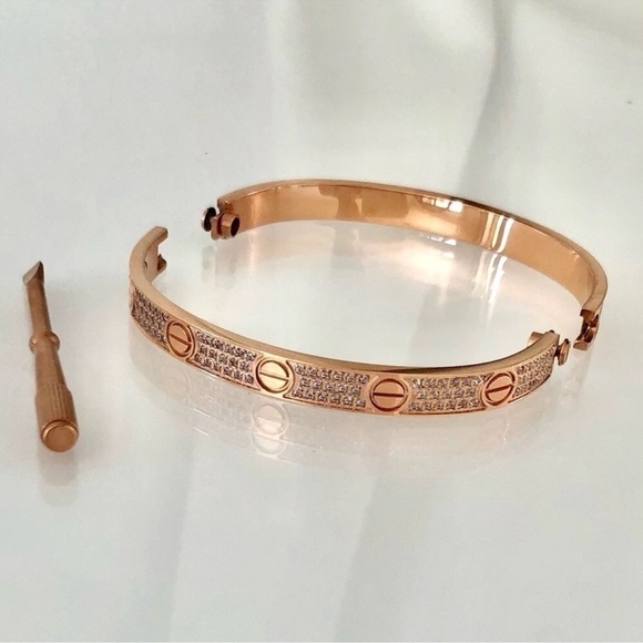 Pave Diamond LOVE Screw Bangle Bracelet with Screwdriver in Rose Gold - Picture 9 of 10